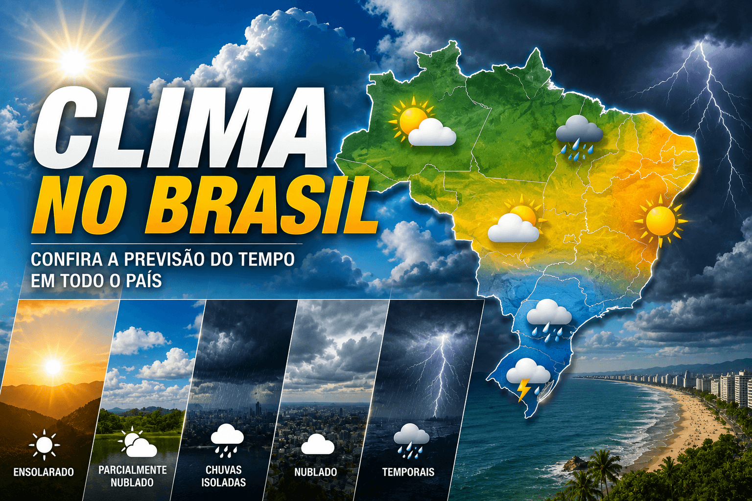 Clima nas capitais brasileiras: frente fria traz tempestades ao Sul enquanto calor e tempo seco dominam parte do país