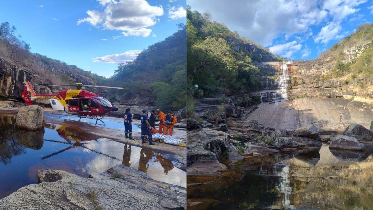 Mulher é resgatada em cachoeira em Minas Gerais após queda