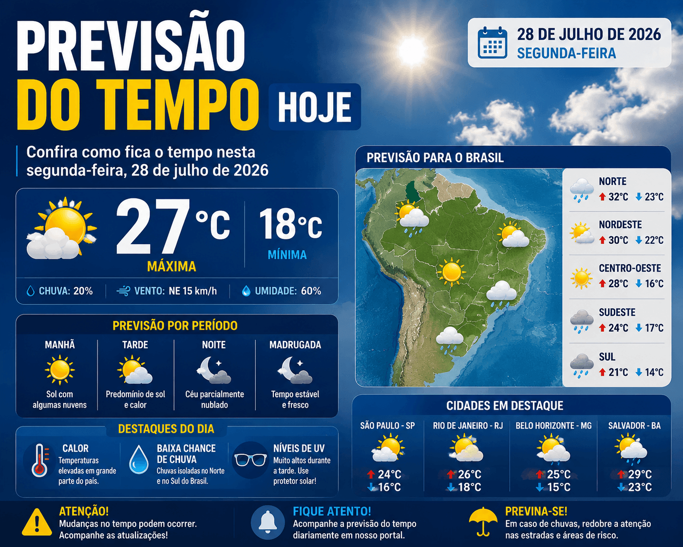 Previsão do tempo hoje (28/07): veja como fica o clima no Brasil nesta terça-feira