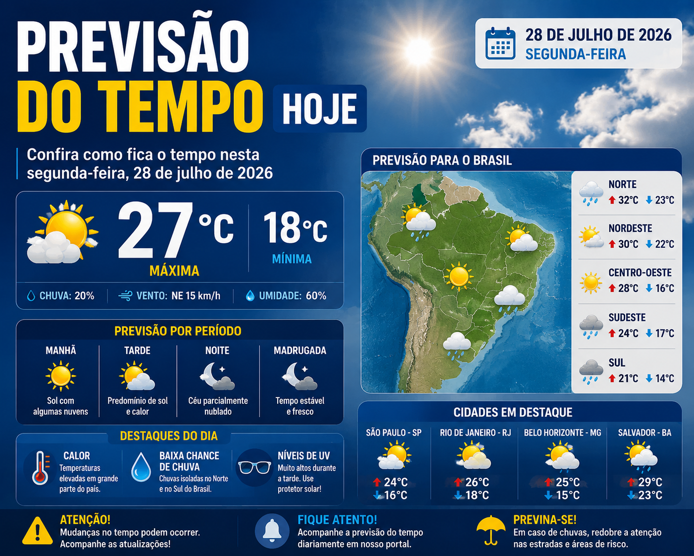 Previsão do tempo hoje (28/07): veja como fica o clima no Brasil nesta terça-feira