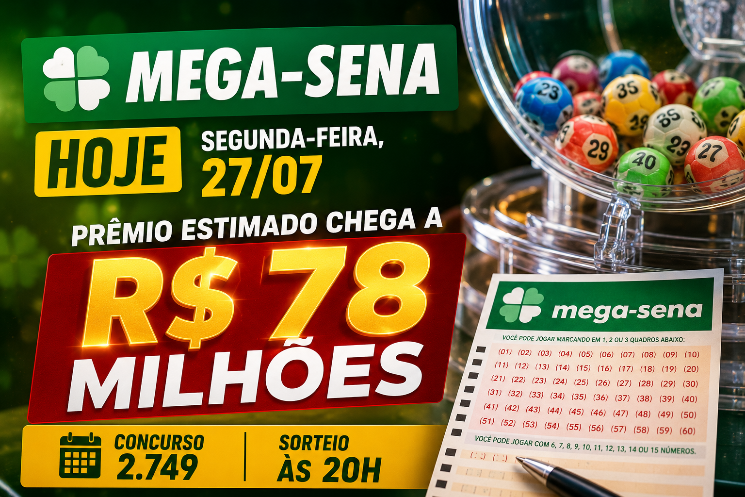 Mega-Sena hoje (segunda-feira, 27/07): prêmio estimado chega a R$ 78 milhões
