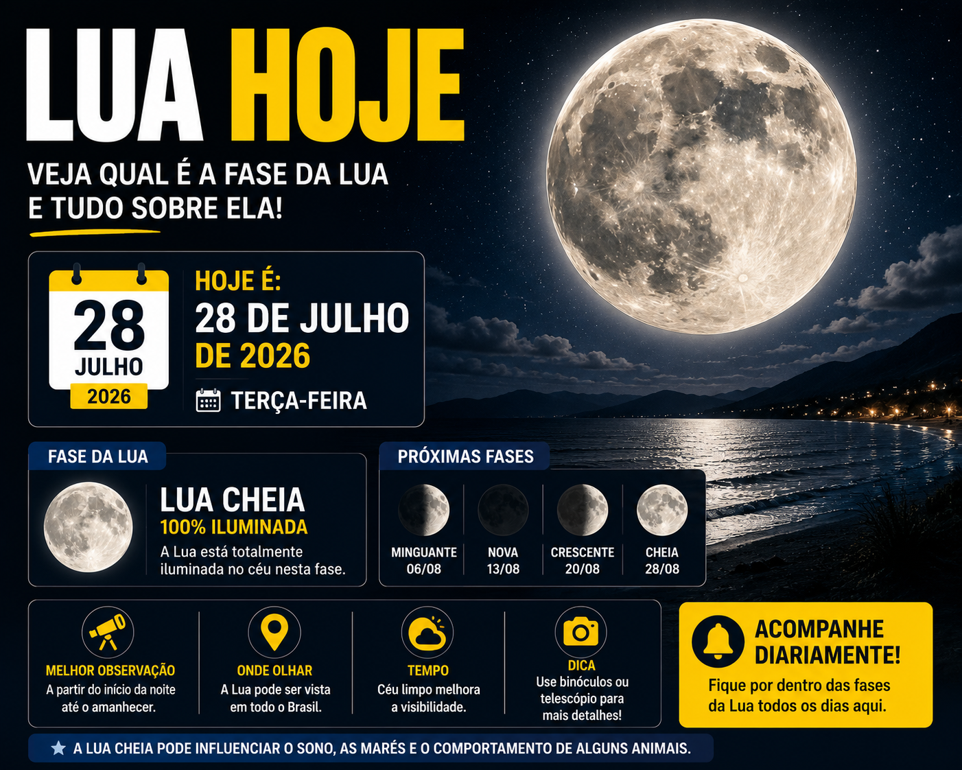 Lua hoje (28/07): veja a fase da Lua e o que observar no céu nesta terça-feira