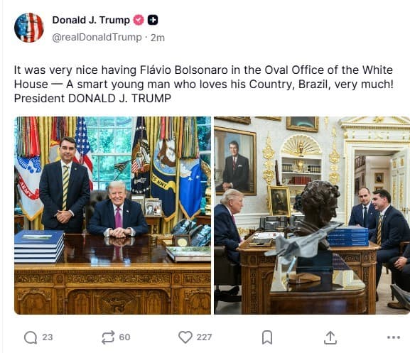 Trump destaca encontro com Flávio Bolsonaro e taxa de 25% proposta