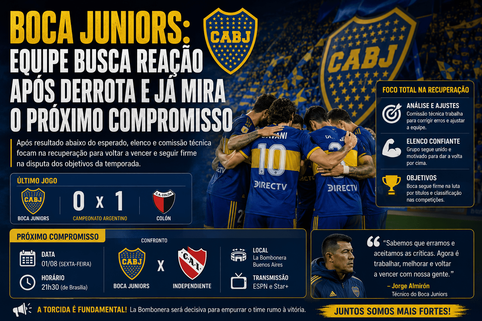 Boca Juniors: equipe busca reação após derrota e já mira o próximo compromisso