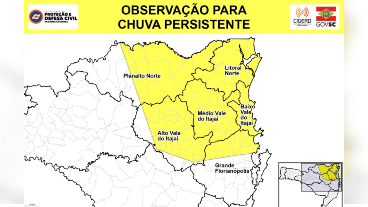 Defesa Civil alerta para chuvas e temporais em Santa Catarina